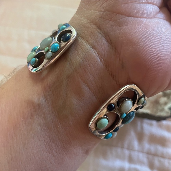 Vintage Sterling Silver Chunky Cuff Moon Cut Outs Various Stones - Picture 4 of 9